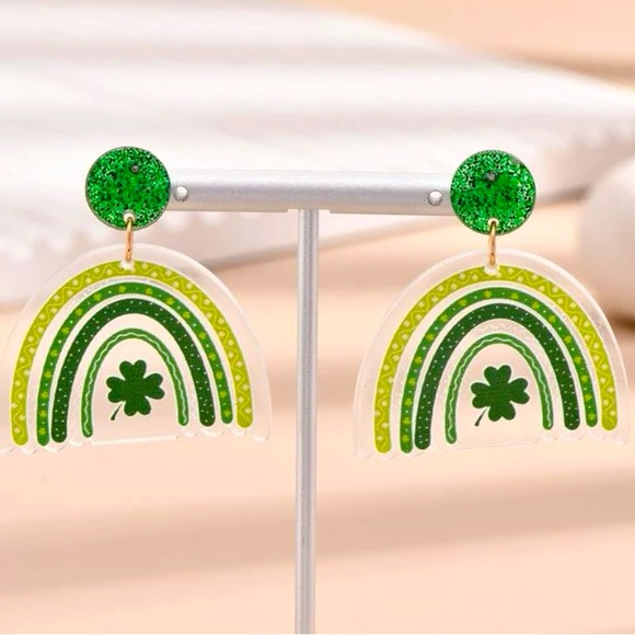 Acrylic Green Clover and Rainbow Earrings - Picture 1 of 4